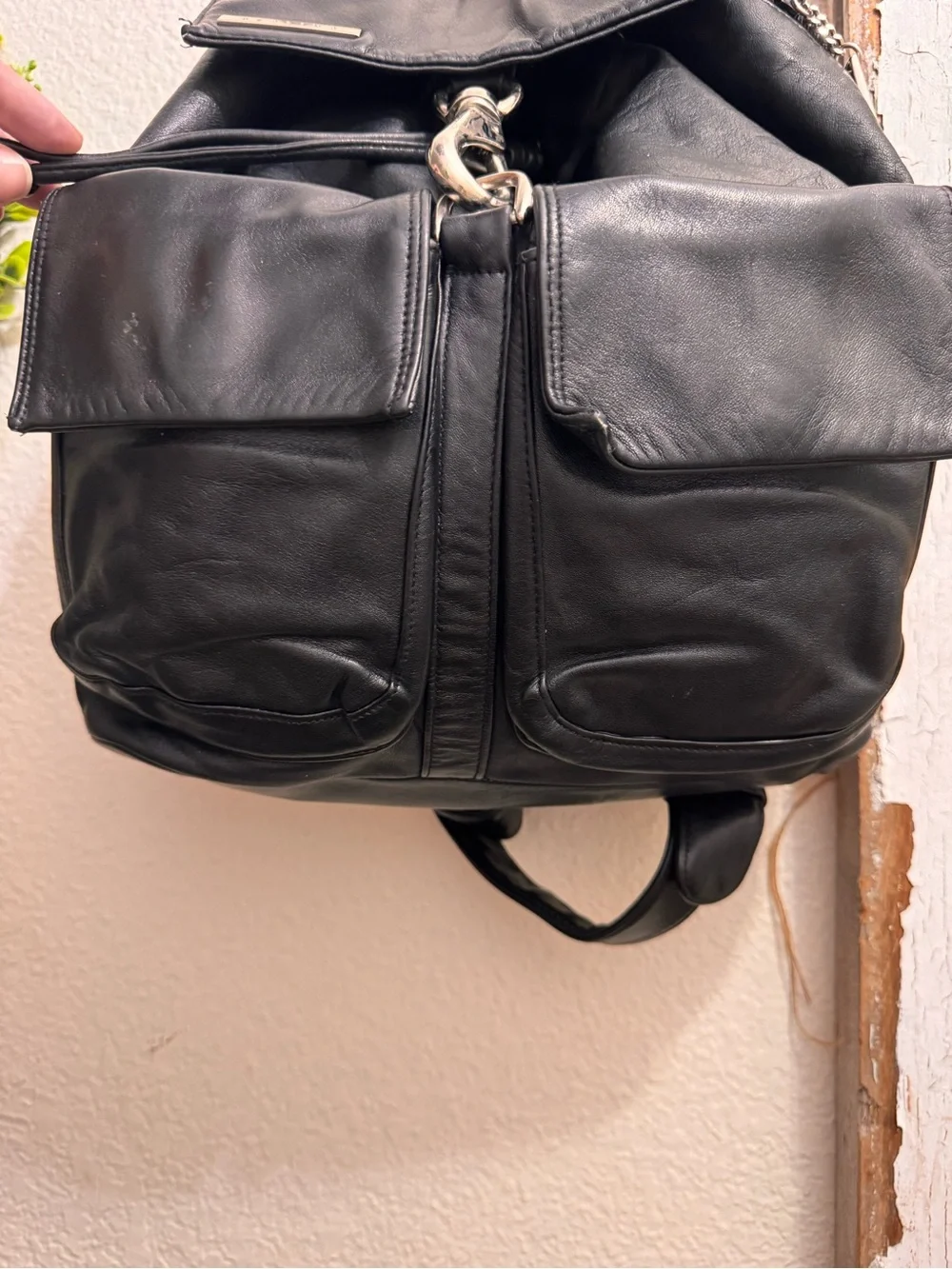 Vintage 1990’s/Y2K Perlina New York Black Leather Backpack Purse Drawstring
